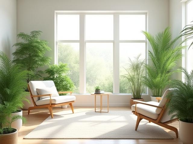 Bright, airy living room with numerous indoor plants, natural light, and wooden accents