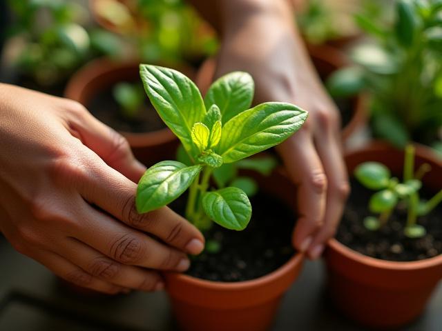 Hands gently tending to small green plants in a pot, warm sunlight