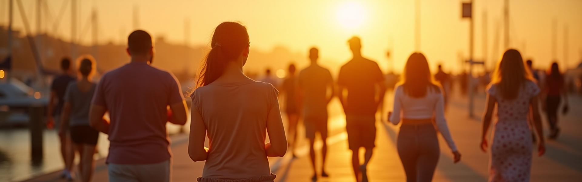 People walking along a serene Marina del Rey waterfront at sunset, warm glow, peaceful