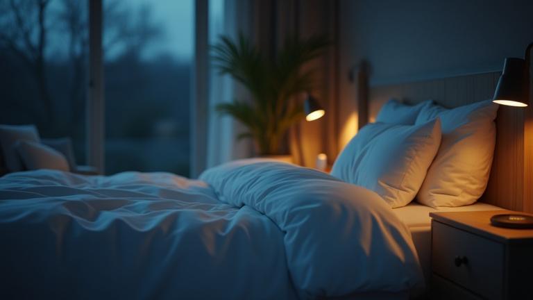 Peaceful bedroom at night with soft lighting and a made bed.