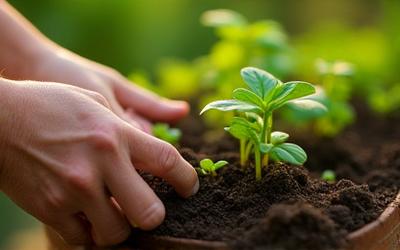 Hands gently tending to green plants in a garden